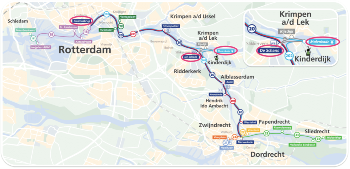 オランダキンデルダイク行きの水上バスの路線図