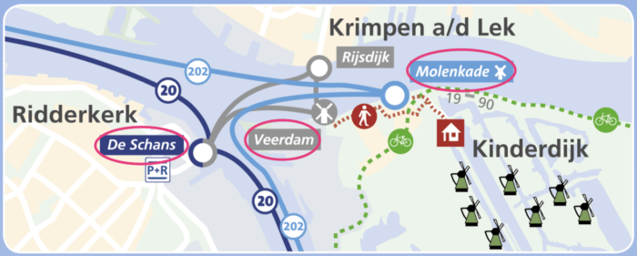 オランダキンデルダイク行きの水上バスの路線図