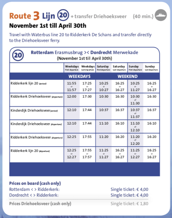 オランダキンデルダイク行き水上バス時刻表
