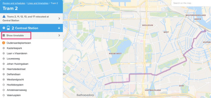 アムステルダム公共交通機関の時刻表検索方法