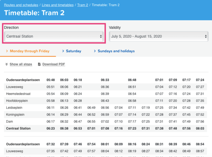 アムステルダム公共交通機関の時刻表検索方法