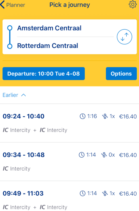 オランダ鉄道NS公式アプリから路線・出発時刻・所要時間・運賃を検索する方法